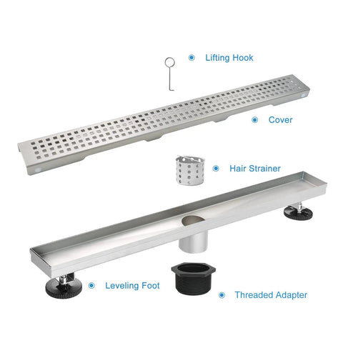 Linear Shower Drain 28 Inch With Removable Grate Cover AISI 304 Stainless Steel Floor Drain For Showers Hair Catcher