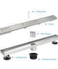 Full view of 32 Inch Linear Shower Drain With Removable Grate Cover AISI 304 Stainless Steel Floor Drain For Fast Drainage.