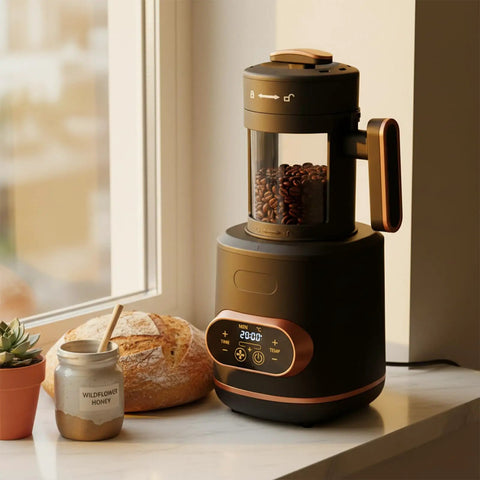 Electric Coffee Bean Roaster Machine For Home Kitchen Using 1500W Motor And Quick Heat Function To Drop Fresh Rich Grounds, displaying beans.