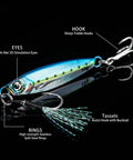 Lead Vertical Saltwater Jig Lures Set Killer Pro Grade With Assist Hook And Treble Hook For Tuna Salmon Striped Bass Grouper Kingfish 15g 6 Pack Jigging Spoon Lures Realistic 3D Laser Coated Finish, close-up view with hooks and tassels