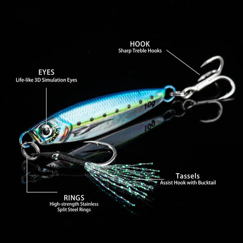 Lead Vertical Saltwater Jig Lures Set Killer Pro Grade With Assist Hook And Treble Hook For Tuna Salmon Striped Bass Grouper Kingfish 15g 6 Pack Jigging Spoon Lures Realistic 3D Laser Coated Finish, close-up view with hooks and tassels