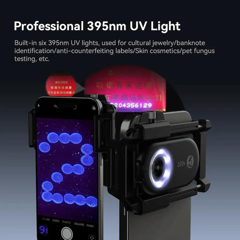 200X Phone Microscope Lens With CPL Filter And LED Light attached to iPhone showing UV light feature