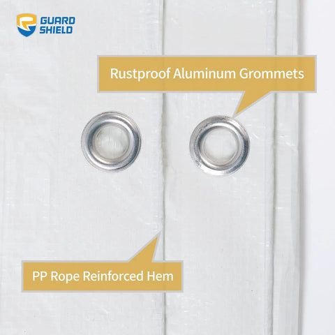 Close-up of rustproof aluminum grommets and rope in hem on White Tarp 24x24 Feet, 7 Mil, Double-Sided Go-To Tarp, Medium-Duty