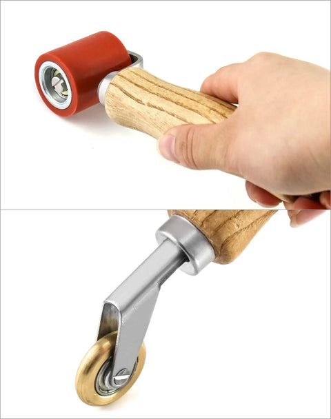 40mm Silicone Seam Roller With 6mm Brass Detail Penny Roller for Tight Corners and Seam Work, showing wooden handle and roller texture.