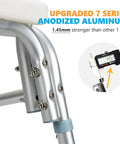 Close-up of heavy duty tub transfer bench with anodized aluminum frame and digital caliper showing 1.45mm thickness