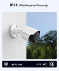 Outdoor view of PoE NVR Add On Security Camera For Wired CCTV Recorders 4K Ultra HD Video with IP66 weatherproof housing