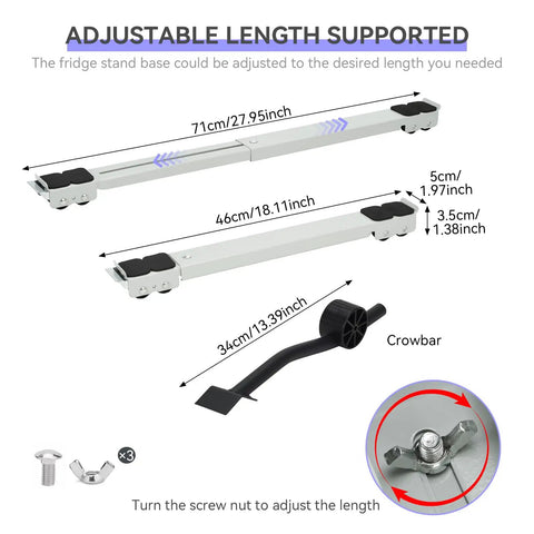 Heavy Duty Extendable Appliance Mover Dolly For Fridge Washer Dryer Rolling Base With 24 Wheels And Brakes Adjustable From 17 To 28 Inches White components showing adjustable lengths and crowbar detail.