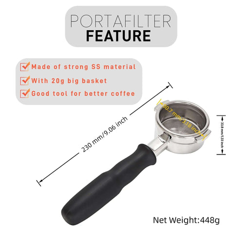 Bottomless Portafilter For 58mm Espresso Machines With 22g Filter Basket And Rubber Handle Replacement Supports GS3 Linea Classic FB70 FB80 GB5 And Other 58mm La Marzocco Models Visual Extraction Tool For Barista Level Shots with dimensions and weight
