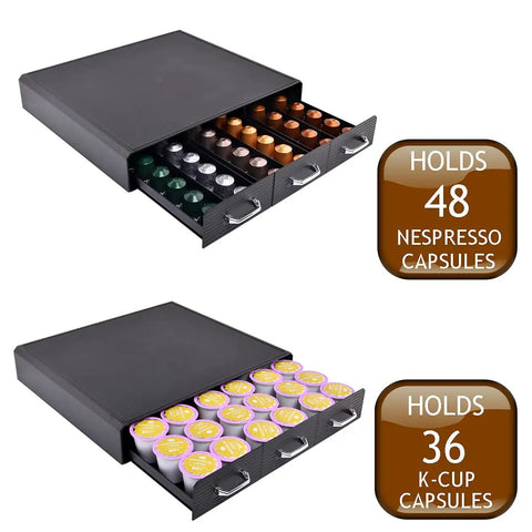 Space Saving Coffee Pod Storage Drawer With Three Easy Open Drawers Fits 36 K Cup Or 48 Nespresso Pods Black Countertop Organizer