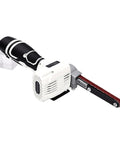Badass Cordless Belt Sander With Brushless Motor And Rotating Head For Wood Or Sheet Metal Works Comes With Ten Spare Sanding Belts shown from the side, showcasing the handle design and abrasive belt.
