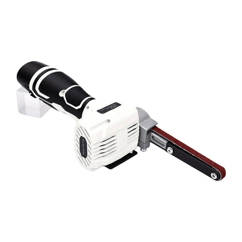 Badass Cordless Belt Sander With Brushless Motor And Rotating Head For Wood Or Sheet Metal Works Comes With Ten Spare Sanding Belts shown from the side, showcasing the handle design and abrasive belt.
