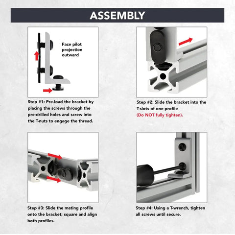 Assembly instructions for 10 Series Aluminum 90 Degree Inside Corner Bracket with three 0.281 inch holes for T Slot extrusion projects.
