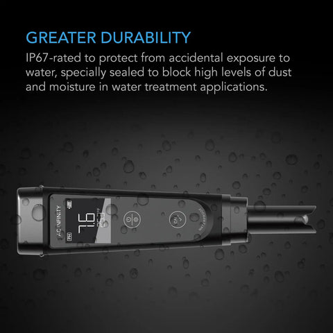 High Precision Digital pH Meter Pen With 0.1 pH Accuracy, IP67-rated for durability, featuring water droplets, black background