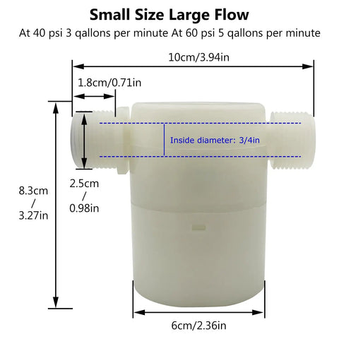 Diagram of Two Pack Three Quarter Inch Side Inlet Float Valve for Water Tanks, dimensions and flow rate highlighted.