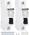 Heavy Duty AC DC Miniature Circuit Breakers 2 Pack Single Pole 10 Amp with black switch on white casing, DIN rail compatible.