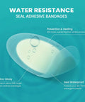 Hydrocolloid Gel Blister Bandages Variety Pack 32 Count Waterproof Adhesive Pads with water droplets showcasing water resistance