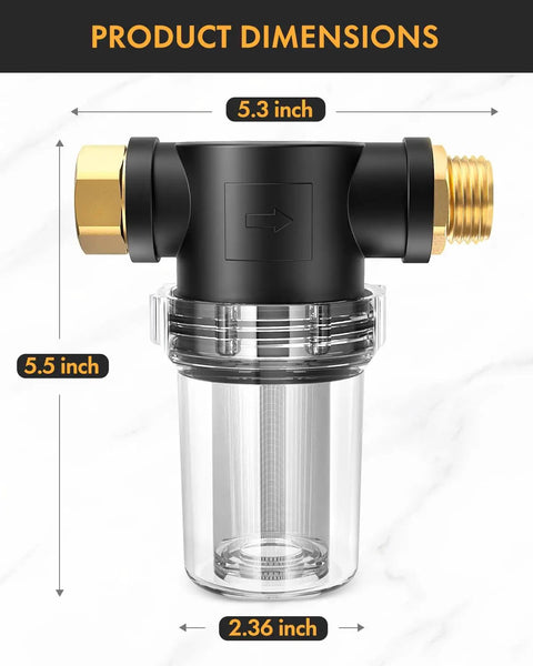 Dimensions of Inline Garden Hose Filter Attachment With One Hundred Mesh And Forty Mesh Screens Includes Two O Rings Three Quarters Inch Inlet Adapter Great For Pressure Washers RV Camping Car Wash And Everyday Water Hose Filtering