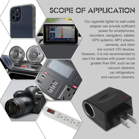 Premium No Sweat Car Cigarette Lighter To House Outlet Adapter Ac Dc Power Converter For Small Electronics Under Six Watts Travel Friendly Accessories, showing various compatible devices.
