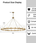 Gold Wagon Wheel Chandelier With Glass Shades, 20 lights, 60 inch size diagram, E26 base, dimensions, and specifications