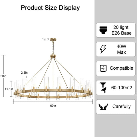 Gold Wagon Wheel Chandelier With Glass Shades, 20 lights, 60 inch size diagram, E26 base, dimensions, and specifications
