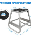 Motorcycle Lift Stand For Dirt Bikes 600Lb Capacity Beefy Universal Panel Stand Removable Maintenance Stand For Motocross Track Garage Shop At The Track Or In The Shop, silver frame, dimensions labeled