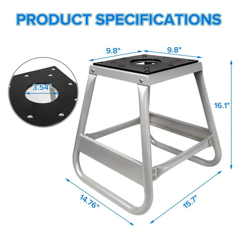 Motorcycle Lift Stand For Dirt Bikes 600Lb Capacity Beefy Universal Panel Stand Removable Maintenance Stand For Motocross Track Garage Shop At The Track Or In The Shop, silver frame, dimensions labeled
