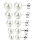 Five Pair Imitation Pearl Stud Earrings Set In 3Mm, 4Mm, 5Mm, 6Mm, And 7Mm Diameters, Hypoallergenic Surgical Stainless Steel, Nickel Free And Lead Free, Go-To Starter Earrings For Sensitive Ears, Everyday White Pearl Jewelry. Front view