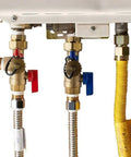 Three Quarter Inch IPS Isolator Tankless Water Heater Service Valve Kit with brass isolation valves and pressure relief valve installed
