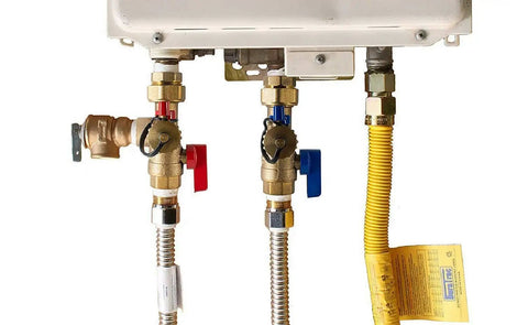 Three Quarter Inch IPS Isolator Tankless Water Heater Service Valve Kit with brass isolation valves and pressure relief valve installed