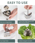 Choxila stainless steel triangular onigiri mold shown in a four-panel step-by-step collage for making rice balls.