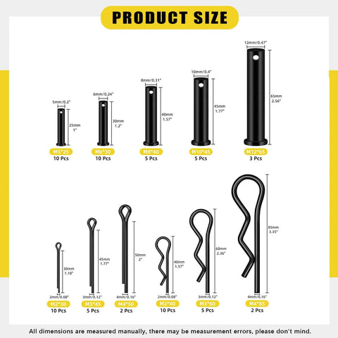 67-Piece Carbon Steel Clevis Pin And Cotter Pin Kit With Five Clevis Pin Sizes M5 To M12 Plus R Pins And Split Cotter Pins