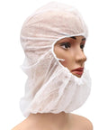10 Pcs Disposable Nonwoven Bouffant Hair Caps With Straight Comfort Elastic Fit For Full Head And Face Shield worn on a mannequin.