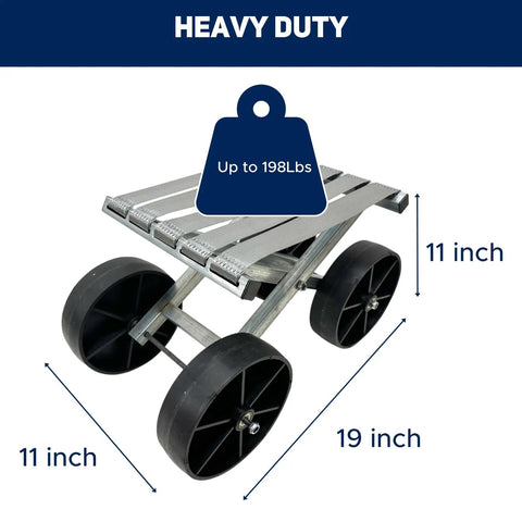 Heavy-duty foldable rolling garden stool with large wheels, 19x11-inch size. Rolling Garden Stool For Farm Work Foldable Heavy Duty Roller.