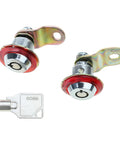 Arcade Game Cabinet Door Locks Set Of 3 For Jamma Machines with keys, two chrome locks and a matching key, top view.