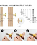 Six Pack Engraved Boss Grade Brushed Brass Kitchen Cabinet Knobs installation diagram with measurements and tool use steps.