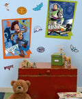 Toy Story 3 Peel And Stick Wall Decals Set With 34 Repositionable Glow In The Dark Stickers For Smooth Surfaces And No Residue Easy Remove Wall Decor For Kid Rooms And Play Areas displayed on a wall over a red dresser with a teddy bear.