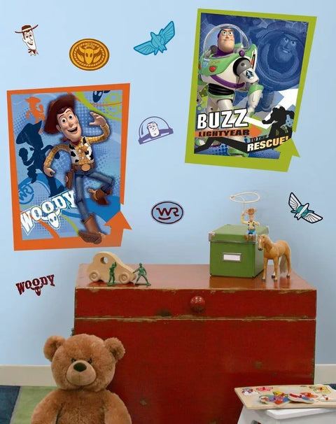 Toy Story 3 Peel And Stick Wall Decals Set With 34 Repositionable Glow In The Dark Stickers For Smooth Surfaces And No Residue Easy Remove Wall Decor For Kid Rooms And Play Areas displayed on a wall over a red dresser with a teddy bear.