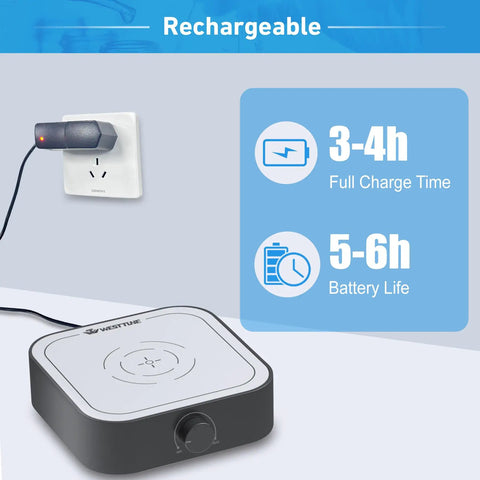 Rechargeable Magnetic Stirrer Mixer 3000 RPM charging illustration with power adapter, showing 3-4h charge and 5-6h battery life.