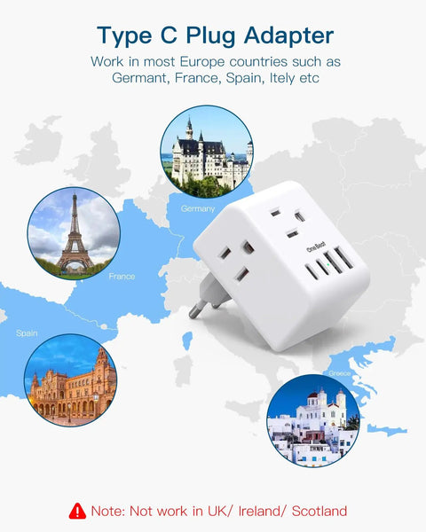 Type C plug adapter with 7-in-1 EU power features for Germany, France, Spain, Italy travel; shown with European landmarks.