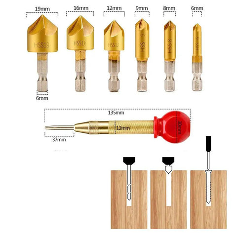 Must Have 23 Piece Woodworking Chamfer Countersink Drill Bit Set With Hex Shank HSS Five Flute 90 Degree Bits sizes 6mm to 19mm