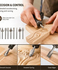 Top Tier 10 Piece Carbide Router Bit Set With One Eighth Inch Shank For Rotary Tools in use for detailed wood carving.