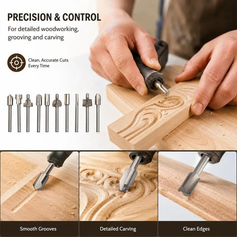 Top Tier 10 Piece Carbide Router Bit Set With One Eighth Inch Shank For Rotary Tools in use for detailed wood carving.