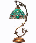 Green Stained Glass Dragonfly Tiffany Style Table Lamp With Metal Leaf Accent, cozy reading light, 8 inch shade, S622 series