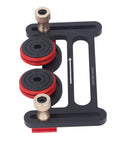 Dual Wheel Rolling Feed Guides For Table Saw And Router Table Built Like A Tank With Rust Proof Anodized Aluminum Double Bearing Wheels. Overview of the red and black feed guide with smooth rolling wheels.
