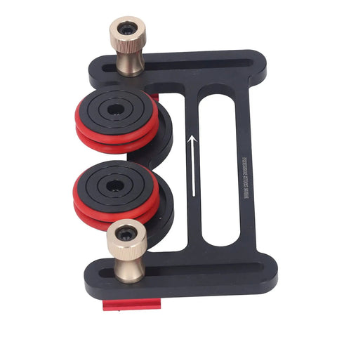 Dual Wheel Rolling Feed Guides For Table Saw And Router Table Built Like A Tank With Rust Proof Anodized Aluminum Double Bearing Wheels. Overview of the red and black feed guide with smooth rolling wheels.