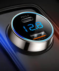 Next Gen Pure Copper Usb C Car Charger With 45 Watt Dual Port Fast Charging sleek display showing voltage, mounted in a vehicle.