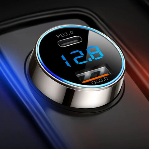 Next Gen Pure Copper Usb C Car Charger With 45 Watt Dual Port Fast Charging sleek display showing voltage, mounted in a vehicle.