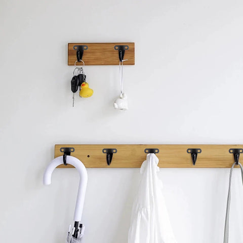 Screw Mounted Ceiling Hooks Stainless Steel Heavy Duty Top Hook Under Shelf Towel Robe Clothes Hook Black Coat Hook With Mounting Screws For Bathroom Kitchen Cabinet And Garage Ten Pack - installed view holding keys and umbrella