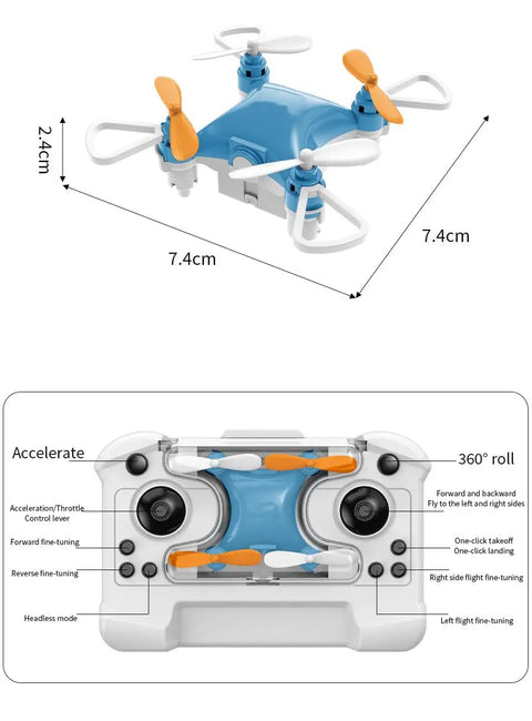 Compact Indoor Outdoor Drone With Easy Stunts And 360 Degree Tricks For Beginners And Kids with controller and dimensions.