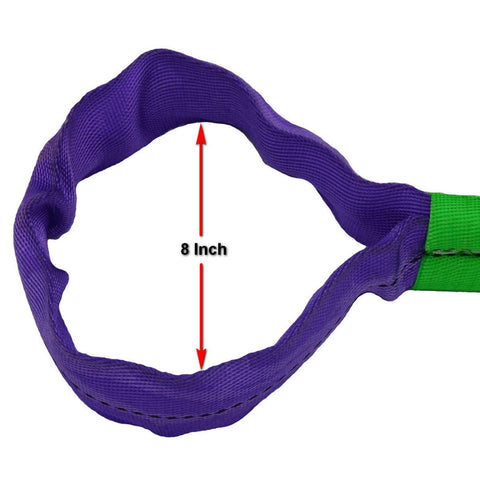 Close-up of purple loop with green stitching, 8-inch width, part of the 2 Inch By 5 Foot Polyester Lifting Slings 2 Pack for rigging.